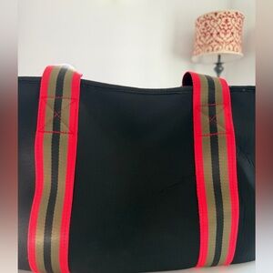 HAUTE SHORE Black Tote with Red and Tan Straps